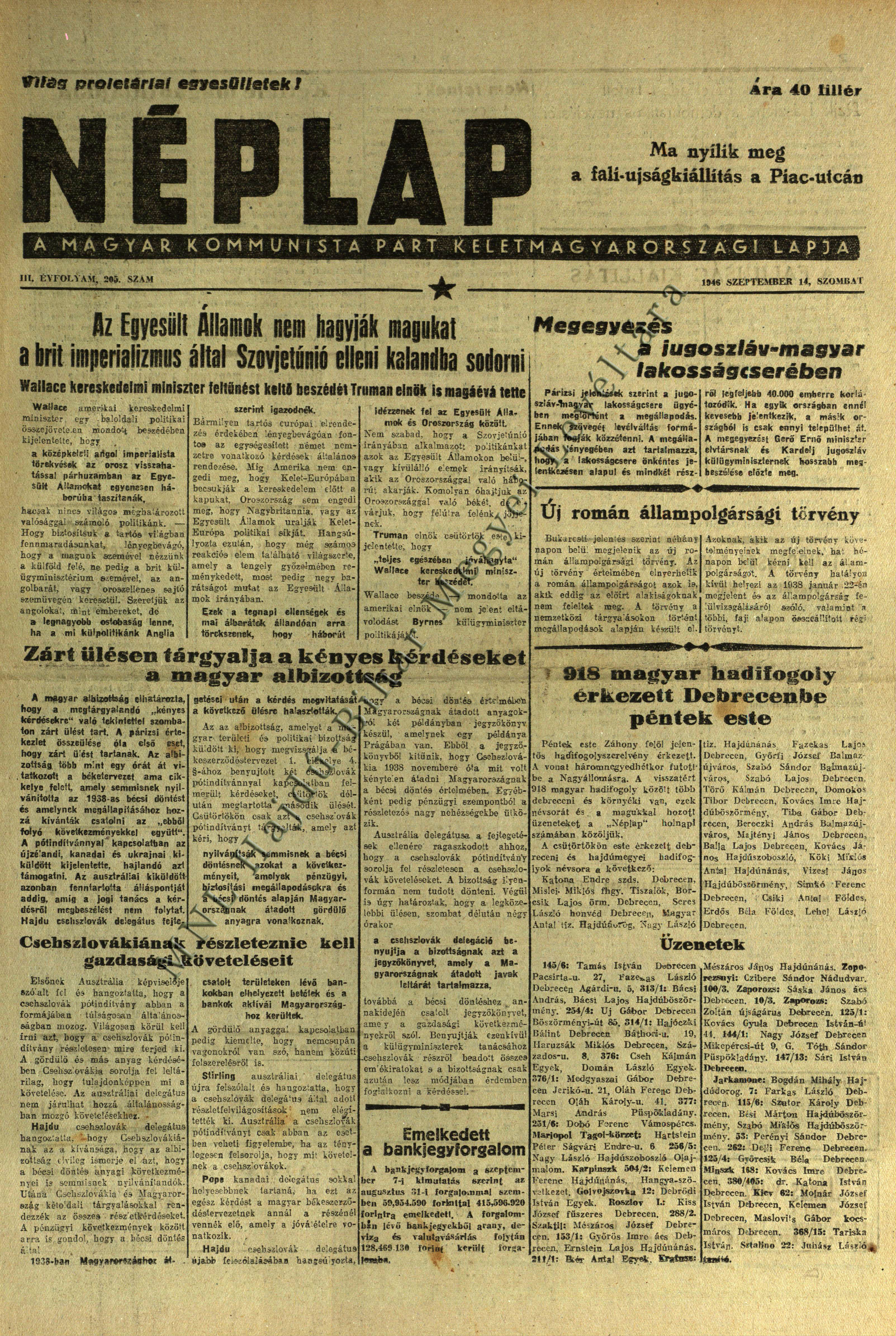 918 magyar hadifogoly érkezett Debrecenbe péntek este (Néplap 1946. szeptember 14.)